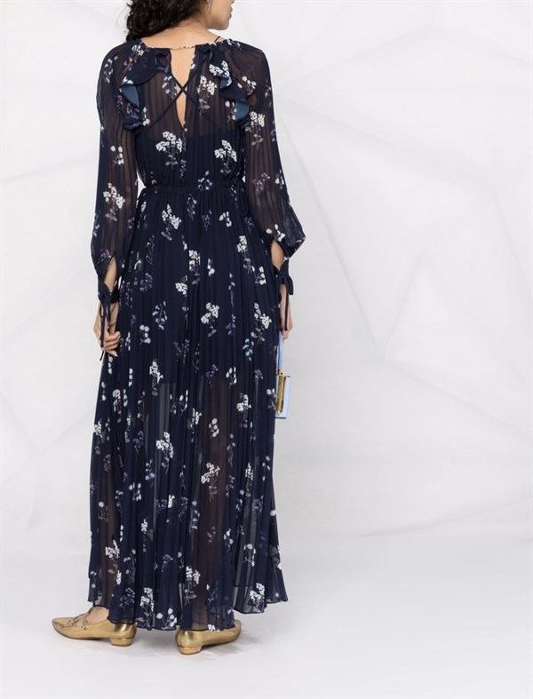 Desenli Lacivert Şifon Midi Tasarım Elbise