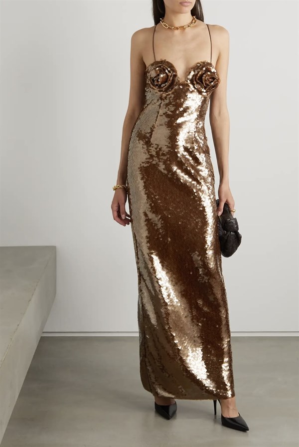Göğsü Gül Motifli Pullu Premium Tasarım Elbise