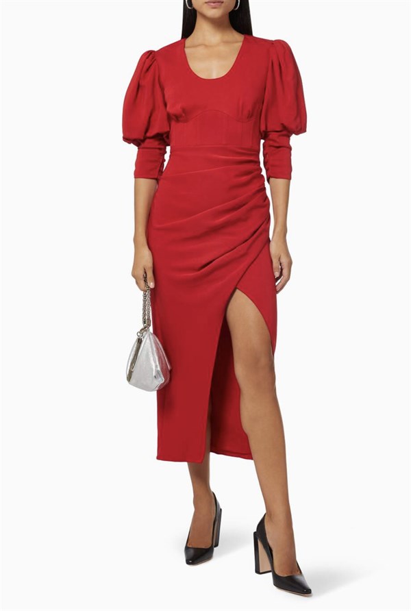 Kırmızı Yırtmaçlı Midi Boy Tasarım Elbise