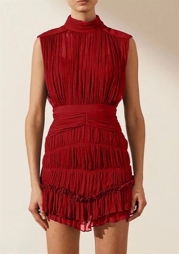 Kolsuz Kırmızı Şifon Tasarım Elbise
