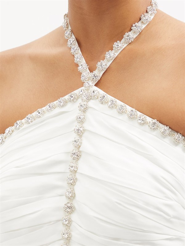 Kristal Taşlı Boyundan Bağlı Beyaz Tasarım Elbise