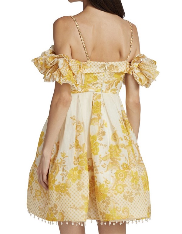 Sarı Çiçek Desenli Premium Mini Elbise