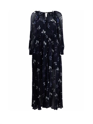 Desenli Lacivert Şifon Midi Tasarım Elbise