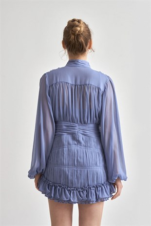 Düğmeli Mavi Şifon Tasarım Elbise