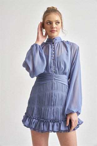 Düğmeli Mavi Şifon Tasarım Elbise