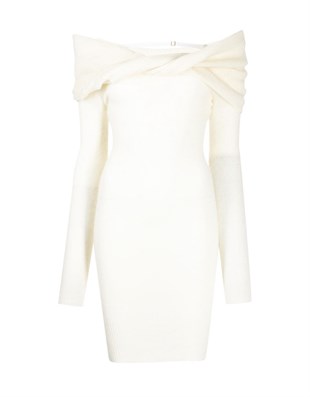 Kayık Yaka Tasarım Triko Elbise (Beyaz)