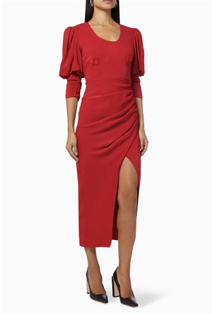 Kırmızı Yırtmaçlı Midi Boy Tasarım Elbise