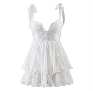 Kulplu Pileli Tasarım Beyaz Elbise 