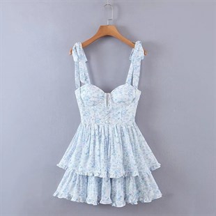 Kulplu Pileli Tasarım Mavi Çiçekli Elbise