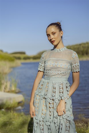 Pileli Mint Güpür Tasarım Elbise