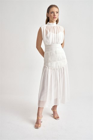 Şifon Midi Boy Tasarım Elbise (Beyaz)