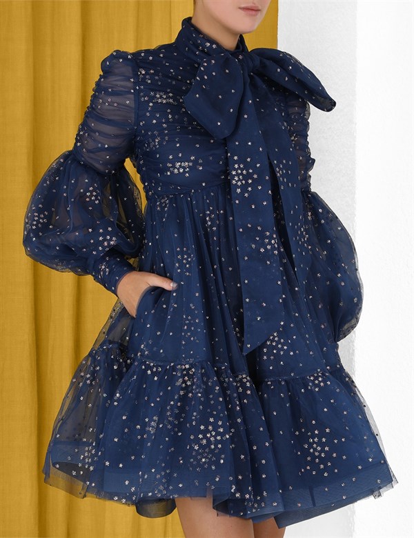 Yıldızlı Lacivert Tasarım Tül Elbise